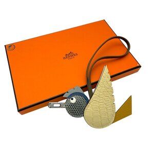 HERMES Exotic Birdy Bag Charm "Gris Fonce" Shiny Lizard & "Vanille" Matte Alliga
